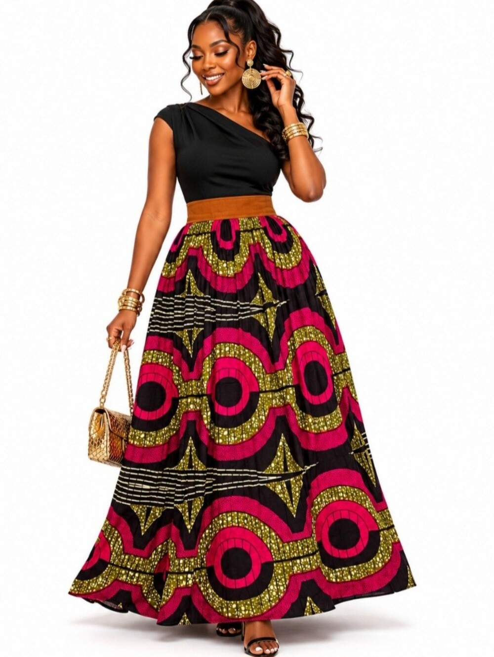 Ponela Creations An African Story Ankara Wax Print Maxi Skirt Statement Waist